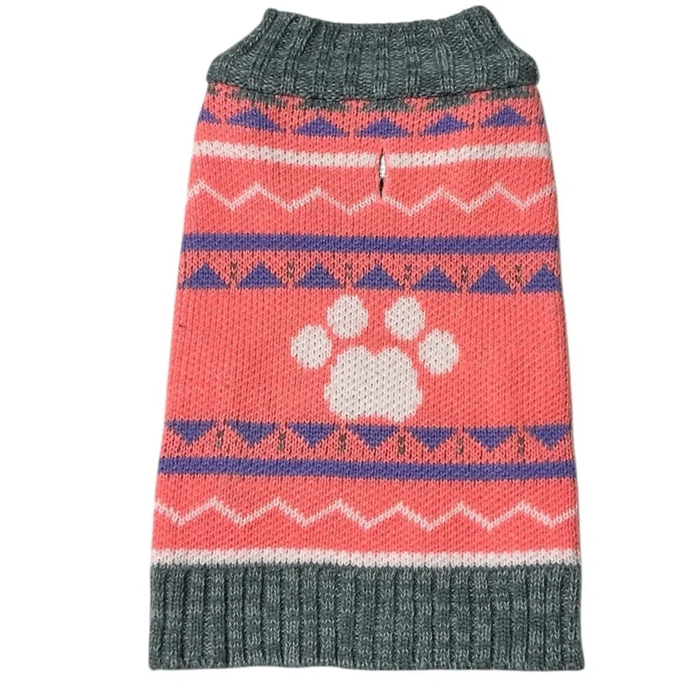 Pink and Gray Knit Dog Sweater with Paw Print